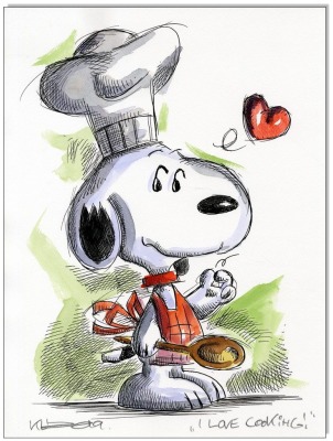 PEANUTS Snoopy I love cooking - 24 x 32 cm - Original Federzeichnung farbig aquarelliert auf