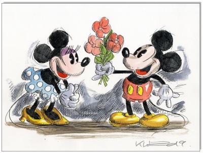 Mickey &amp; Minnie in love II - 24 x 32 cm - Original Federzeichnung farbig aquarelliert auf