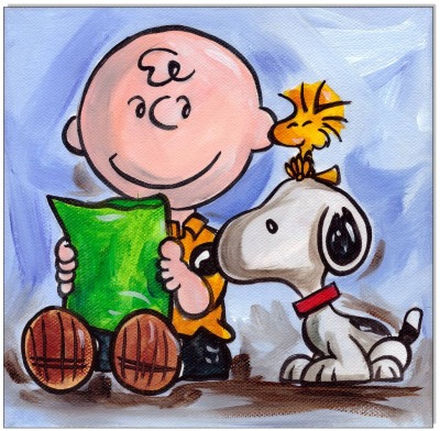 PEANUTS Charlie Snoopy &amp; Woodstock - 20 x 20 cm - Original Acrylgemälde auf Leinwand/ Keilrahmen -