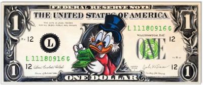 Dagobert Dollar VI: Dagobert Duck One Dollar Bill - 50 x 119 cm - Original Acrylgemälde auf