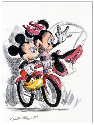 Mickey &amp; Minnie: Un amour à Paris - 24 x 32 cm - Original Federzeichnung farbig aquarelliert auf