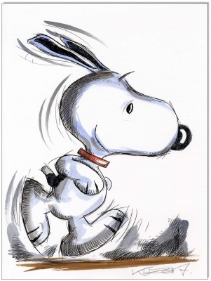 PEANUTS Running Snoopy II - 24 x 32 cm - Original Federzeichnung farbig aquarelliert auf