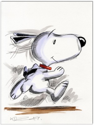 PEANUTS Running Snoopy III - 24 x 32 cm - Original Federzeichnung farbig aquarelliert auf