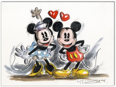 Mickey &amp; Minnie in love III - 24 x 32 cm - Original Federzeichnung farbig aquarelliert auf