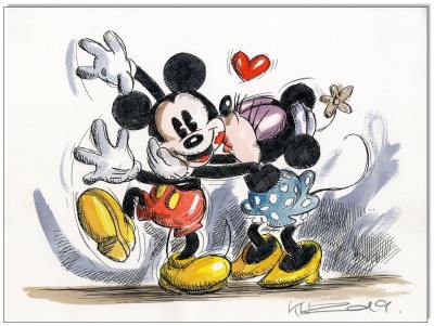 Mickey &amp; Minnie in love V - 24 x 32 cm - Original Federzeichnung farbig aquarelliert auf