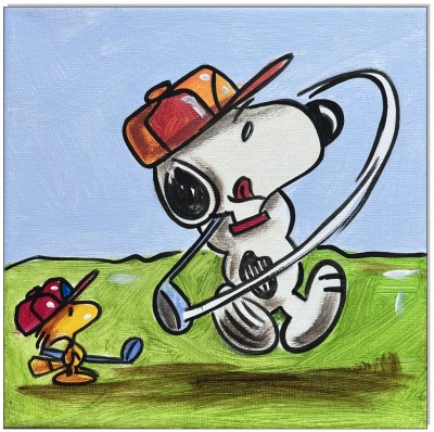 PEANUTS Snoopy plays Golf IV - 20 x 20 cm - Original Acrylgemälde auf Leinwand/ Keilrahmen -