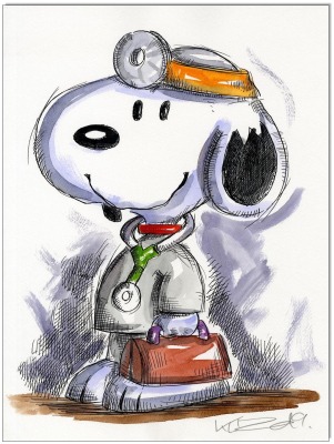 PEANUTS Snoopy Doctor Beagle - 24 x 32 cm - Original Federzeichnung farbig aquarelliert auf