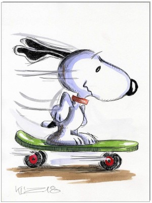 PEANUTS Snoopy Skater - 24 x 32 cm - Original Federzeichnung farbig aquarelliert auf Aquarellkarton
