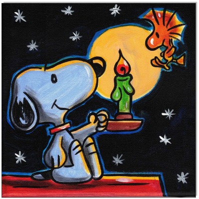 PEANUTS Snoopy &amp; Woodstock Good night - 20 x 20 cm - Original Acrylgemälde auf Leinwand/ Keilrahmen
