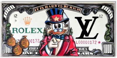 Dagobert Dollar IX: Dagobert Duck 1000 Dollar Bill - 60 x 120 cm - Original Acrylgemälde auf