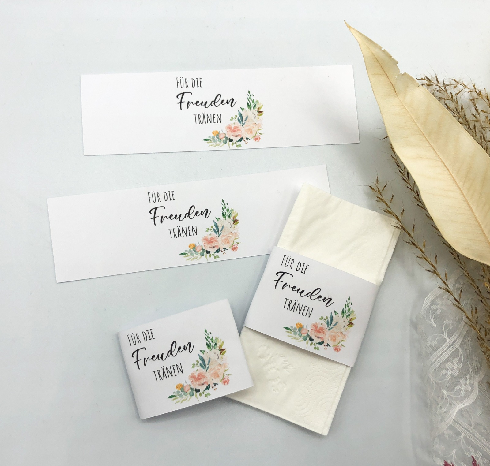 DIY Freudentränen Banderole für Taschentücher weiß im Blumen Stil 4