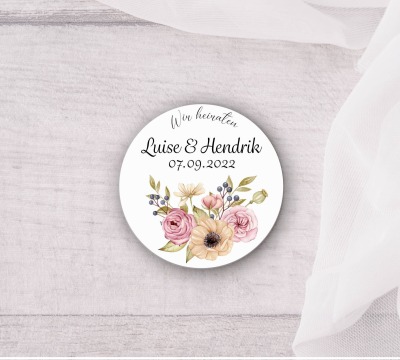 24 personalisierte Aufkleber Wir heiraten - Hochzeitsankündigung Blumenbouquet