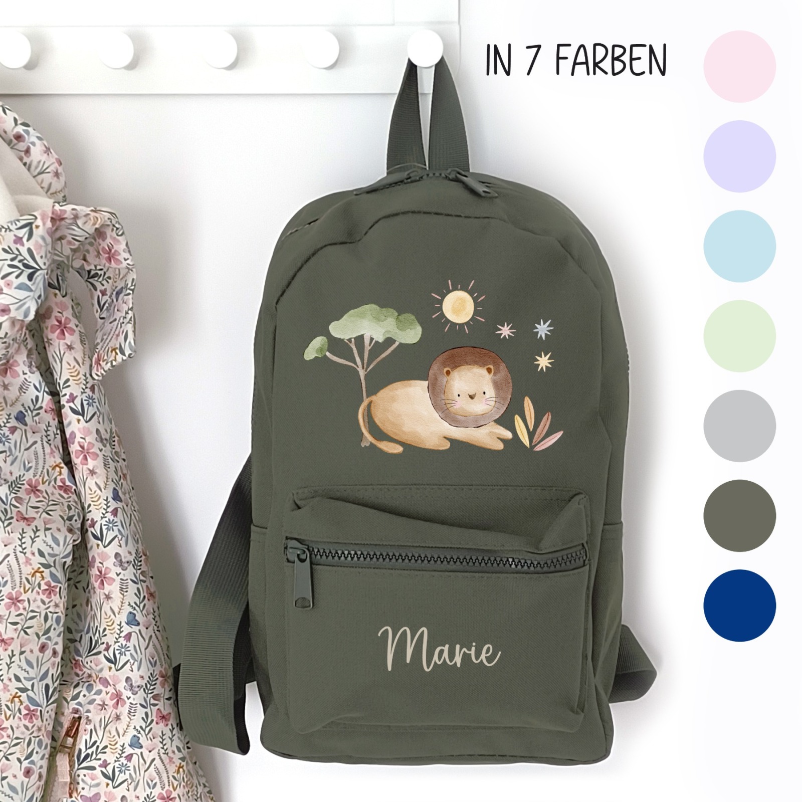 Kindergartenrucksack Safari Löwe, Kindergartentasche personalisiert, Farbauswahl, Geschenkidee für