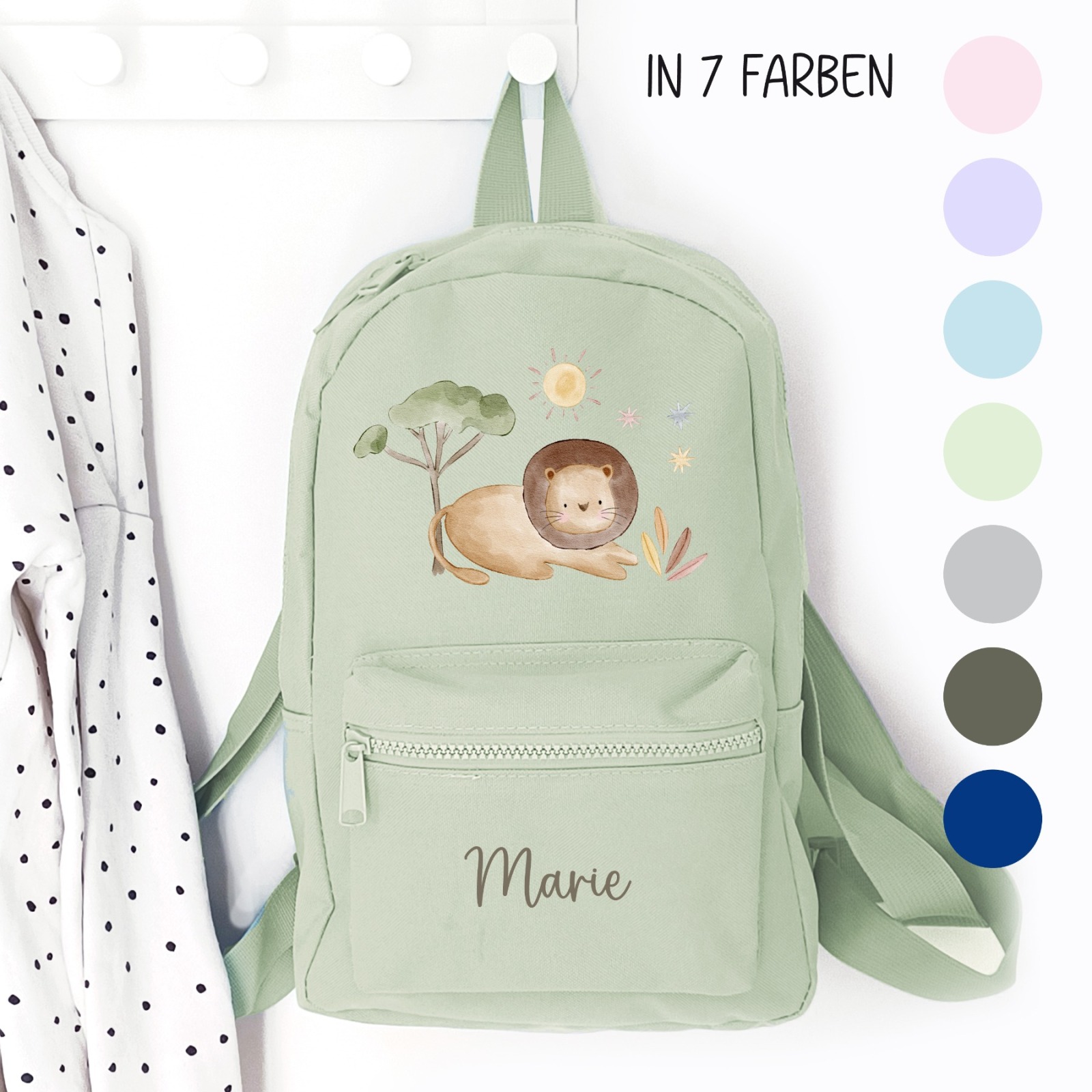 Kindergartenrucksack Safari Löwe, Kindergartentasche personalisiert, Farbauswahl, Geschenkidee für