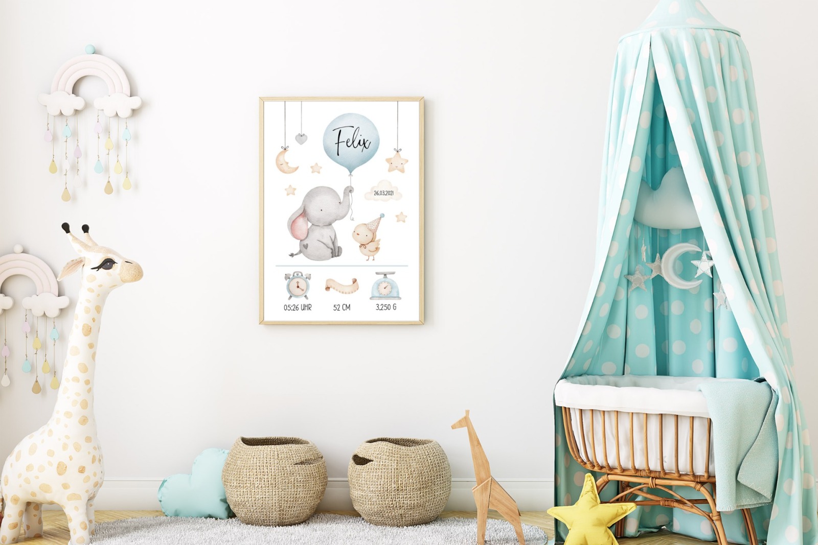 Geburtsdaten Poster Geburtsposter personalisiert Kinderzimmer Deko Elefant blau 2