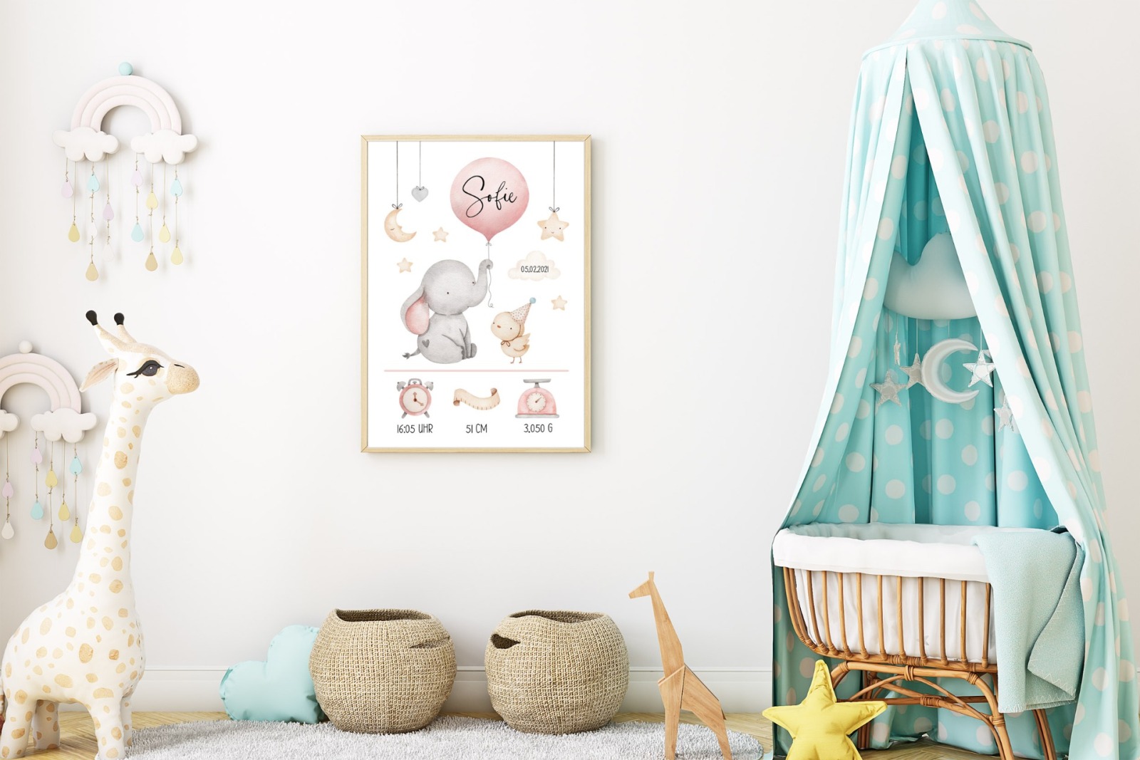 Geburtsdaten Poster Geburtsposter personalisiert Kinderzimmer Deko Elefant rosa 2