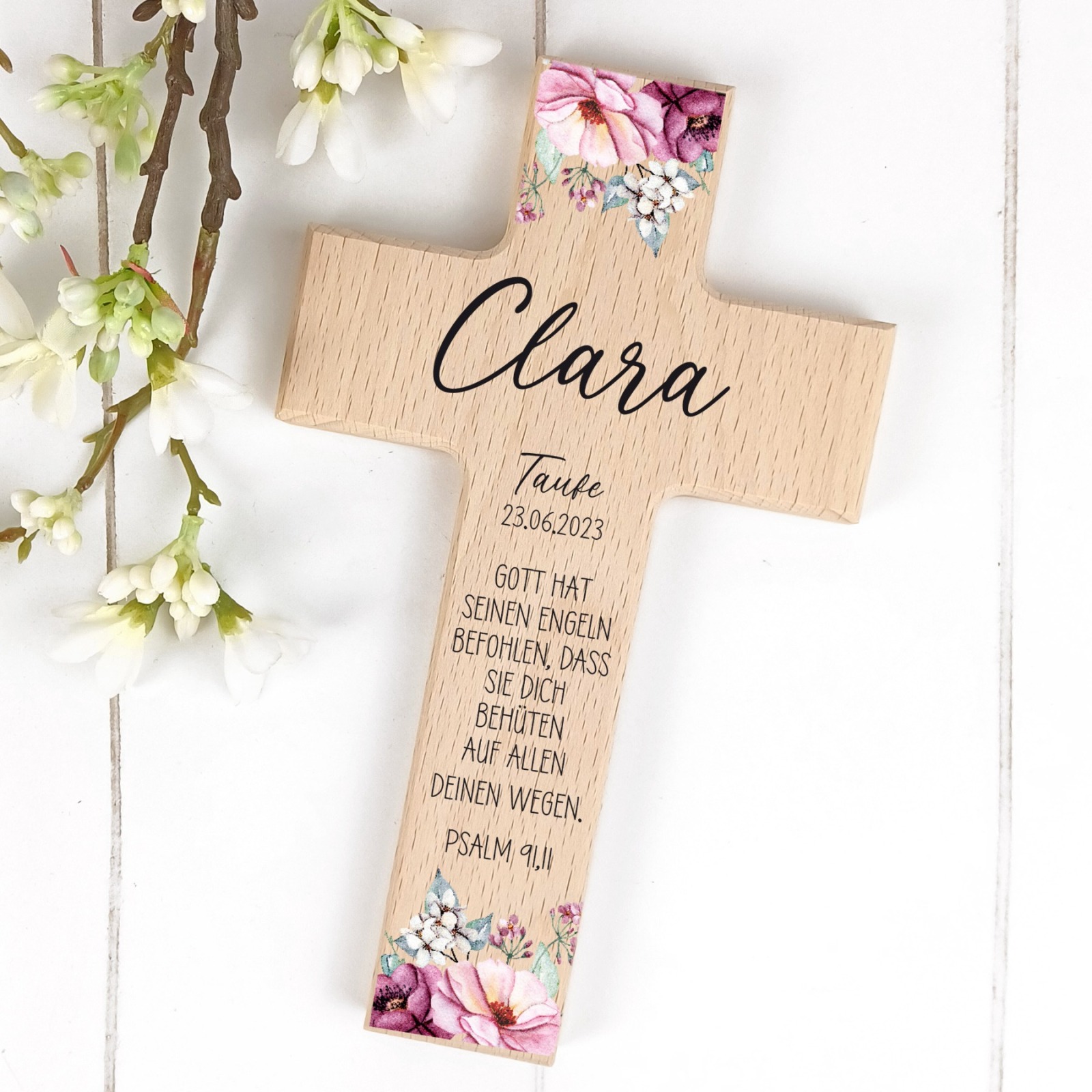 Taufkreuz Holzkreuz für Kinder, personalisiert Blumen