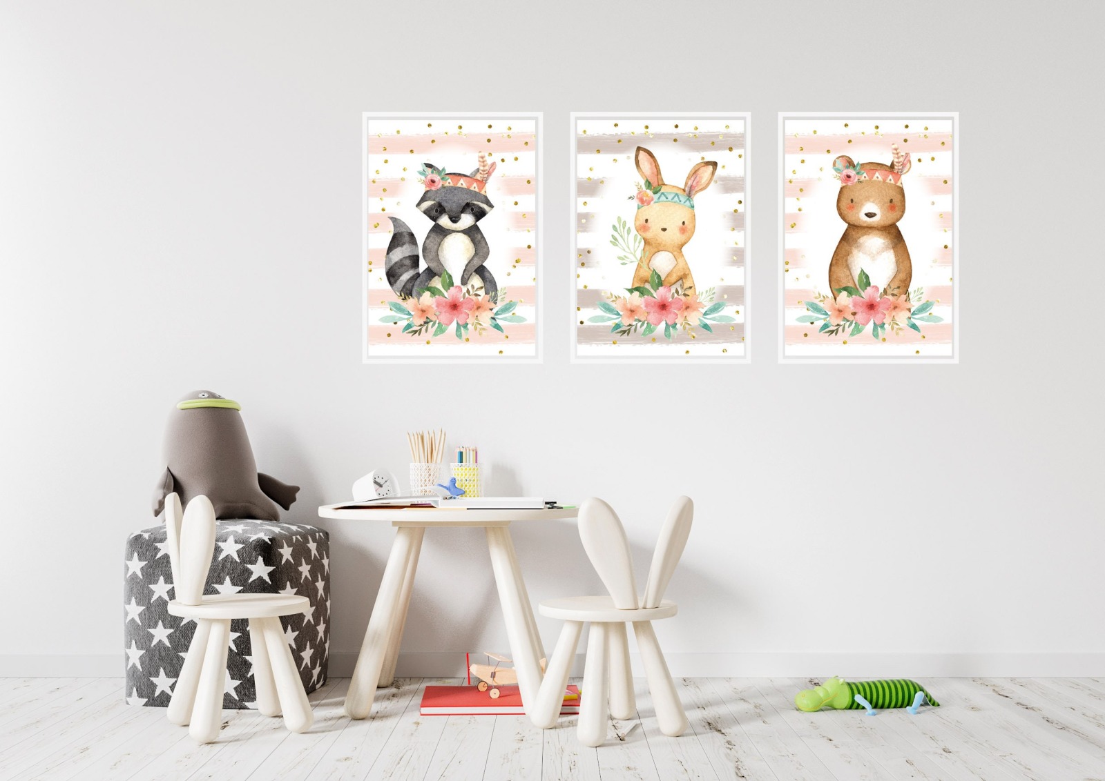 Kinderzimmer Bilder Print Kinderzimmerdeko 3er-Set Tiere Indianer Wandbild Kunstdruck 3