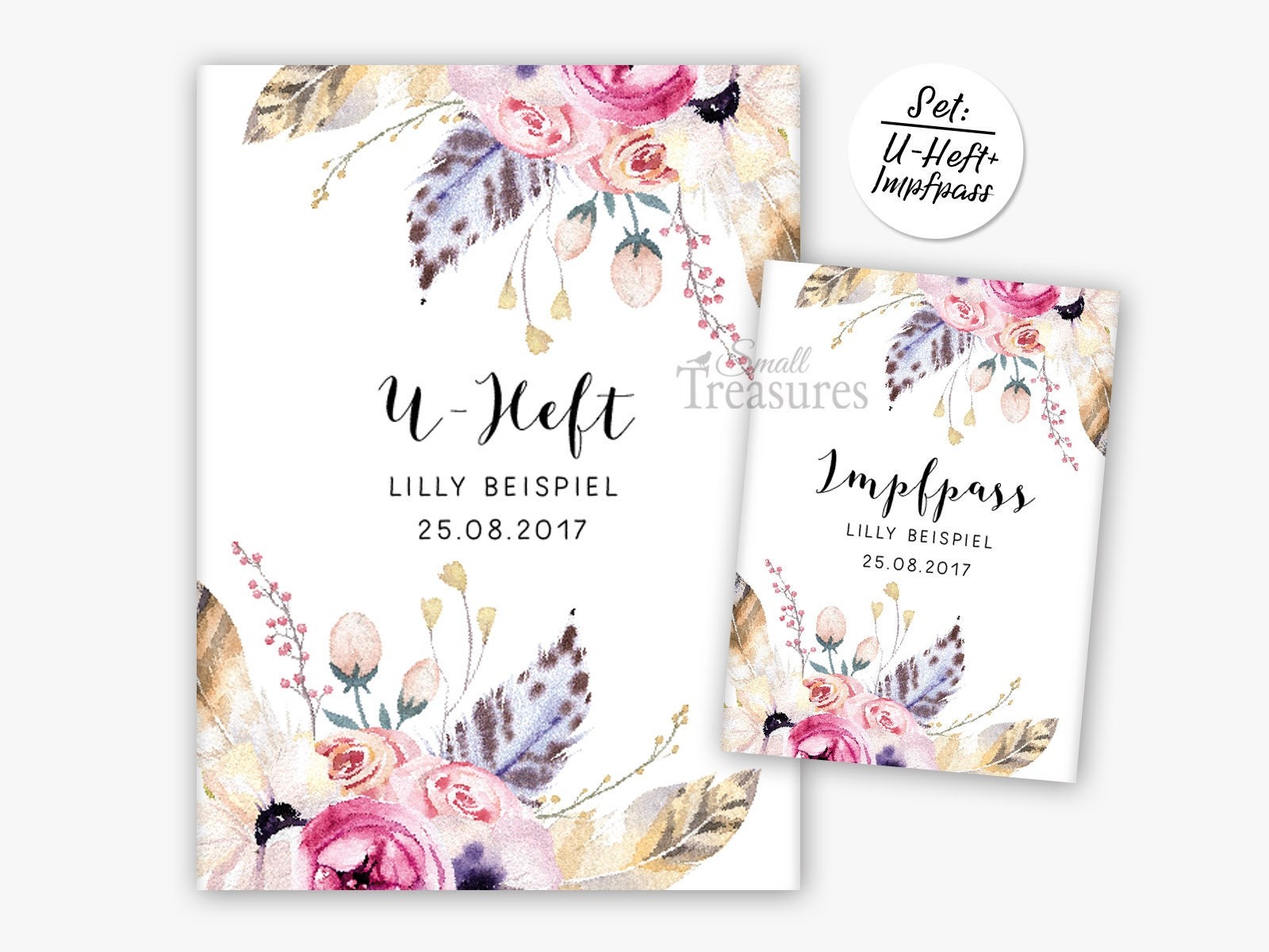 U-Heft &amp; Impfpass-Hülle, personalisiert Boho Federn Blumen