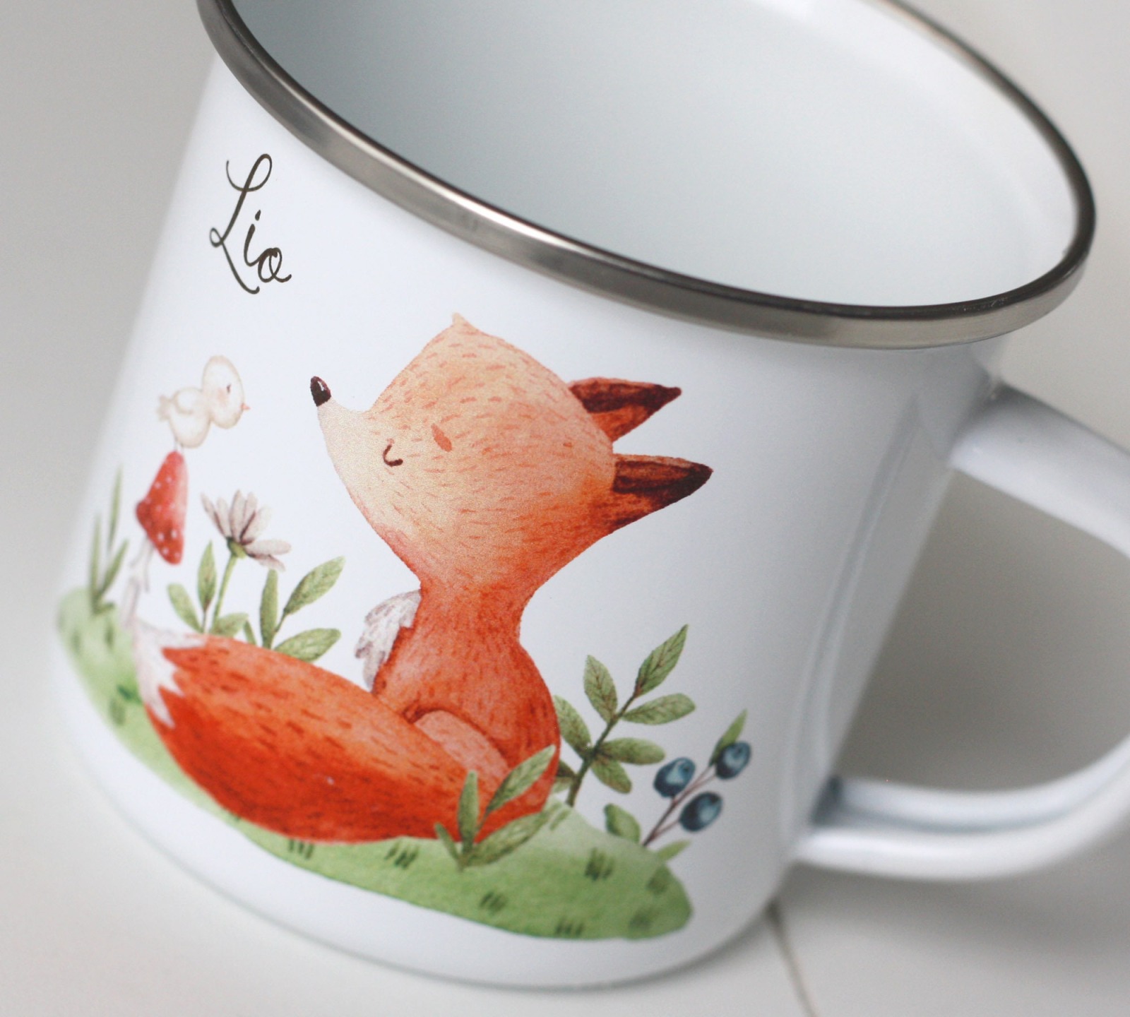 Tasse Kindertasse Emaille Kunststoff Keramik Becher personalisiert Fuchs 2