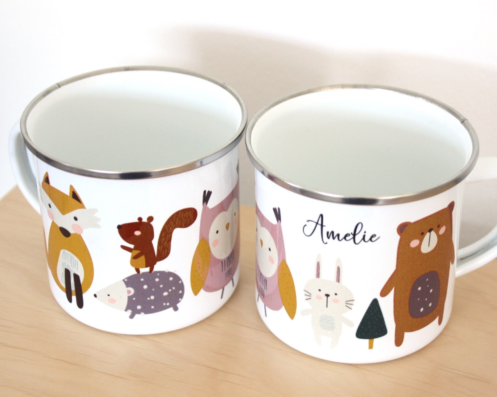 Tasse Kindertasse Emaille Kunststoff Keramik Becher personalisiert skandinavisch Waldtiere 8