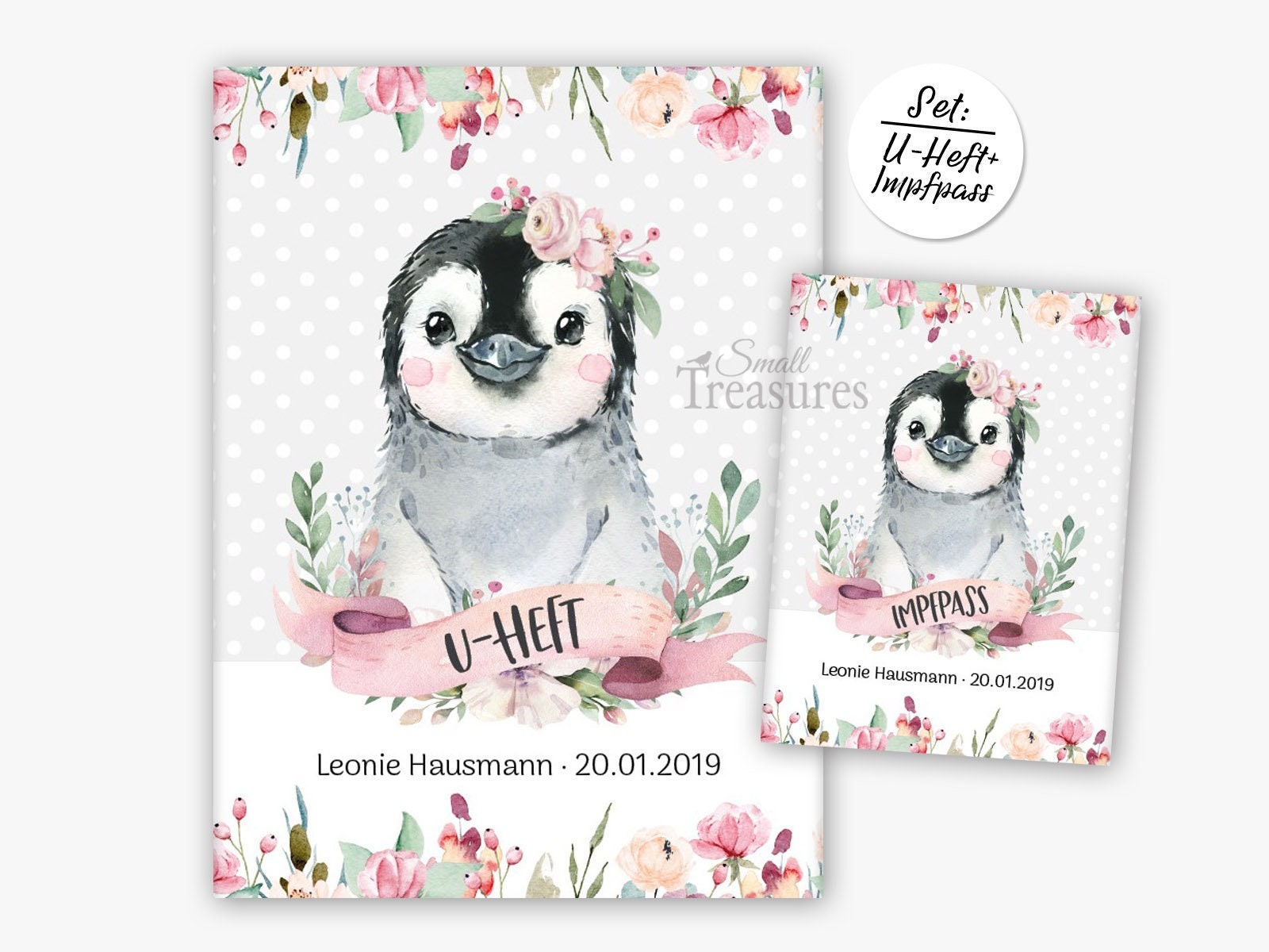 U-Heft und Impfpasshülle, personalisiert Pinguin Blumen Mädchen