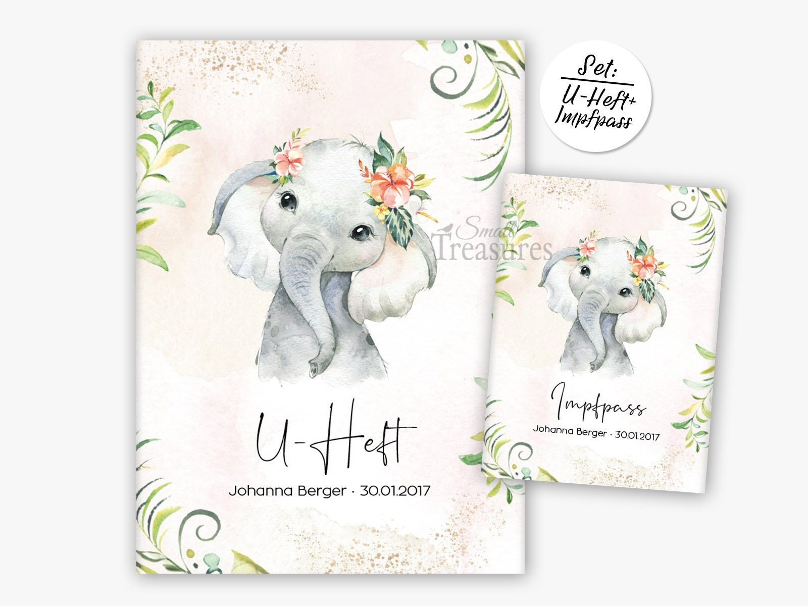 U-Heft und Impfpasshülle personalisiert Elefant Blumen Mädchen