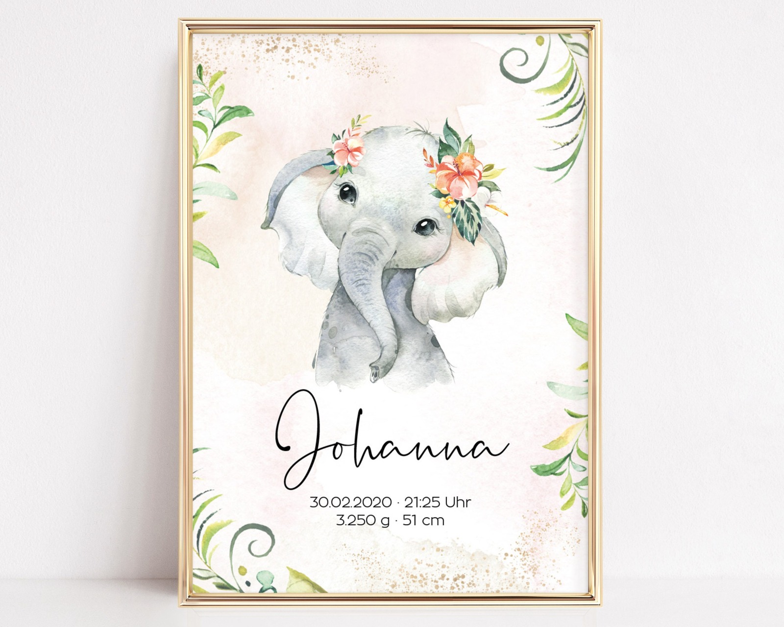 Geburtsposter Geburtsdaten personalisiert Kinderzimmer Deko Mädchen Elefant Blumen