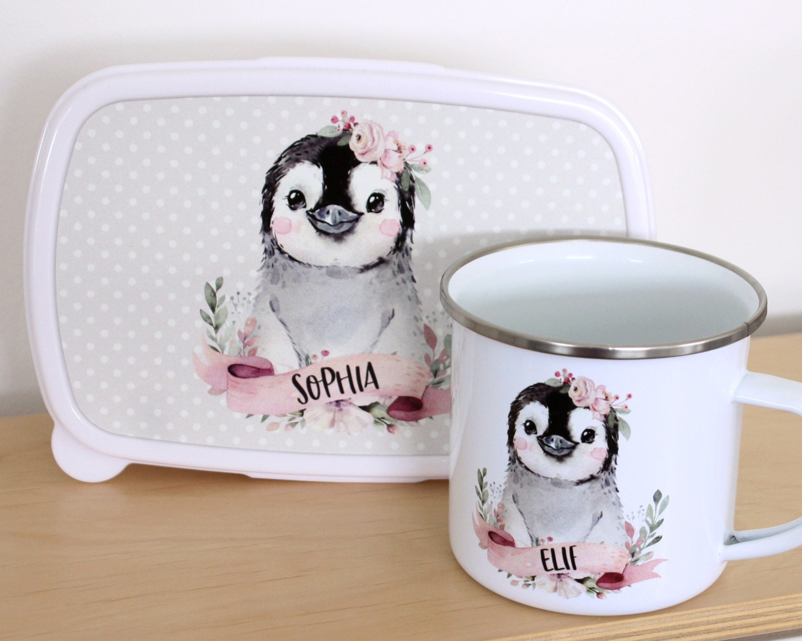 Tasse Kindertasse Emaille Kunststoff Keramik Becher personalisiert Aquarell Pinguin Blumen 2