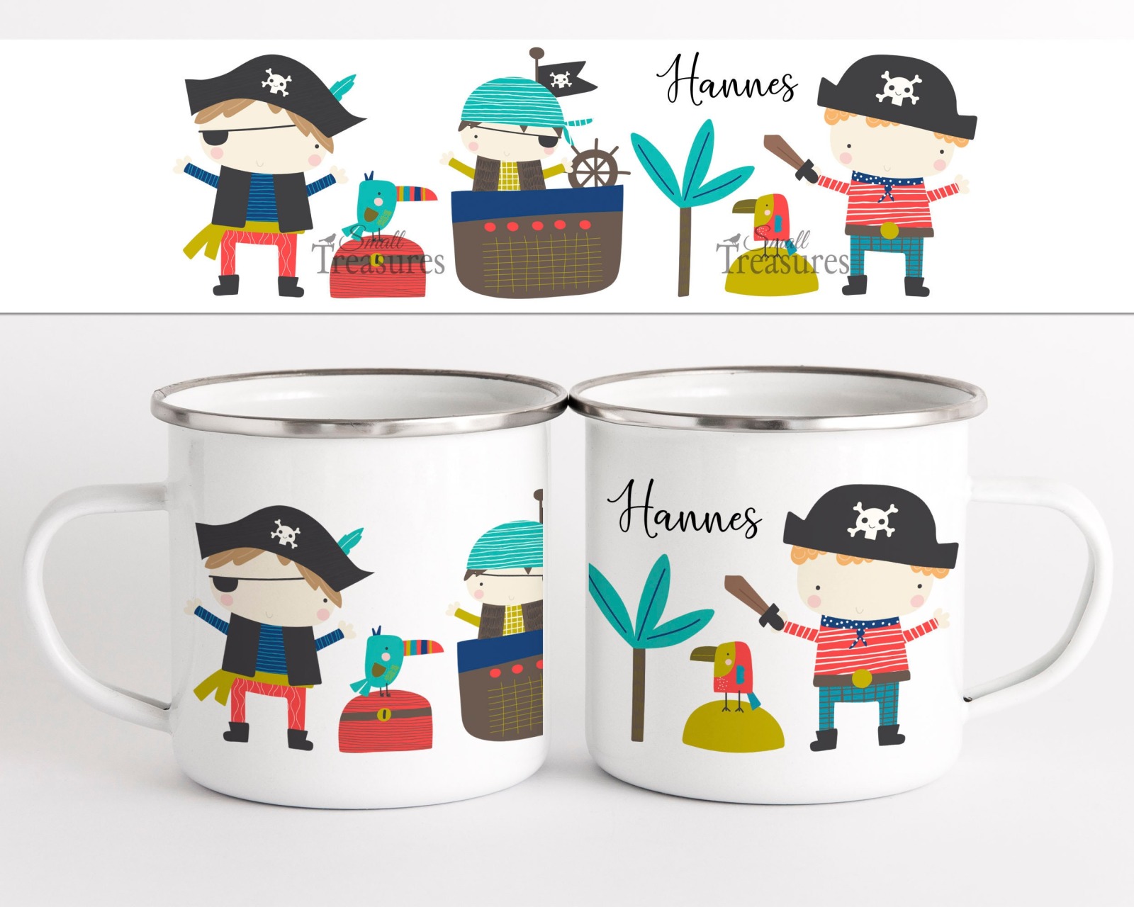 Tasse Kindertasse Emaille Kunststoff Keramik Becher personalisiert, skandinavisch Piraten 2
