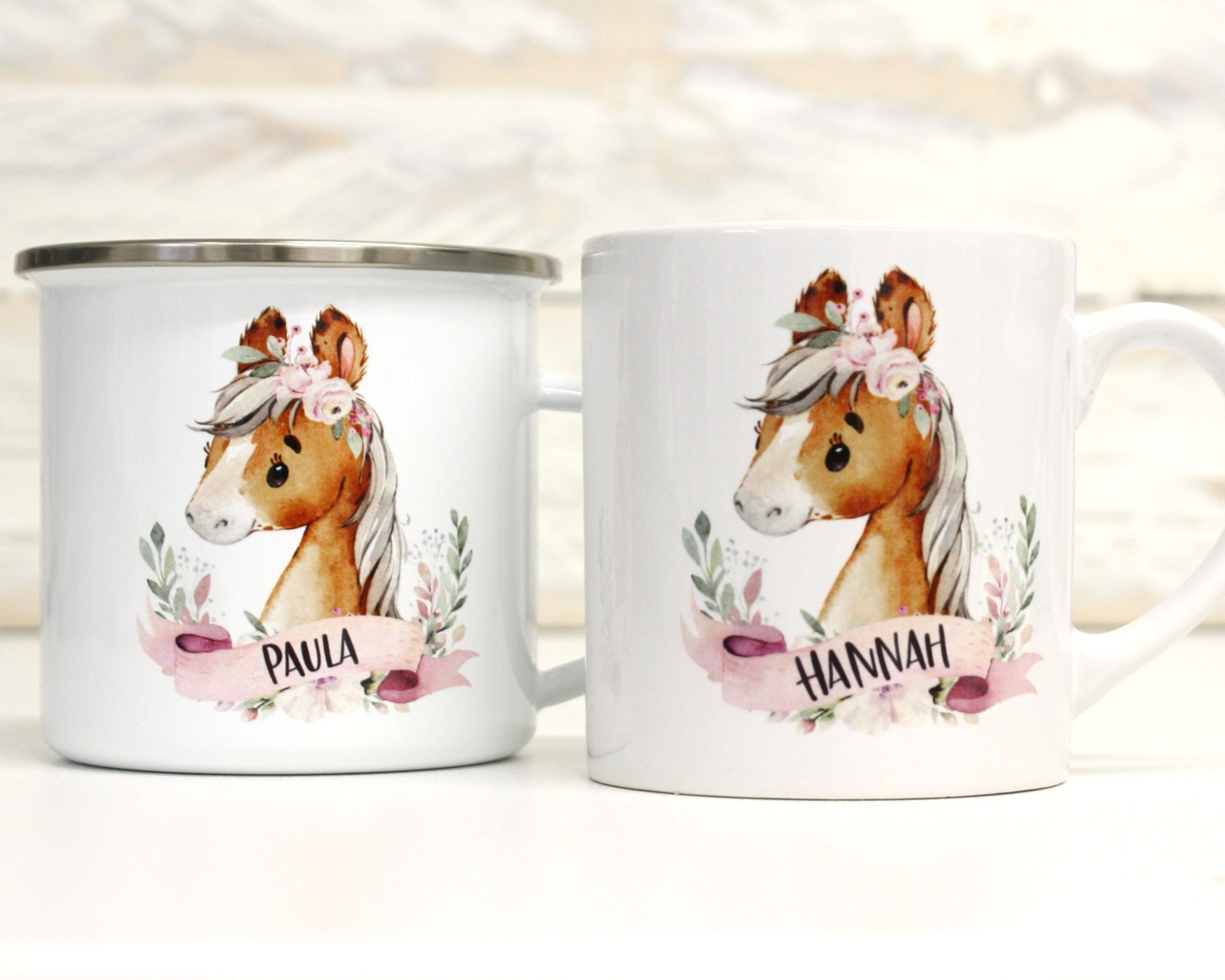Tasse Kindertasse Emaille Kunststoff Keramik Becher personalisiert, Aquarell Pferd Blumen 3