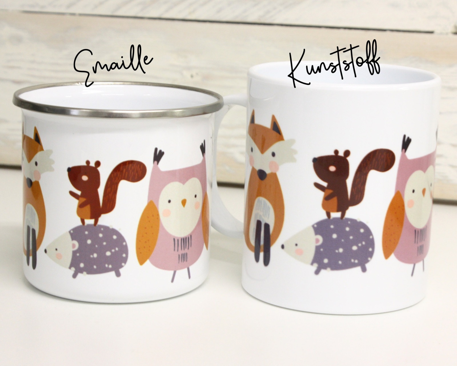 Tasse Kindertasse Emaille Kunststoff Keramik Becher personalisiert, skandinavisch Waldtiere 9