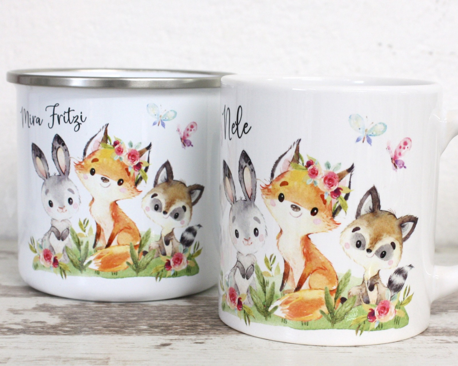 Tasse Kindertasse Emaille Kunststoff Keramik Becher personalisiert Waldtiere Fuchs Hase Waschbär 2