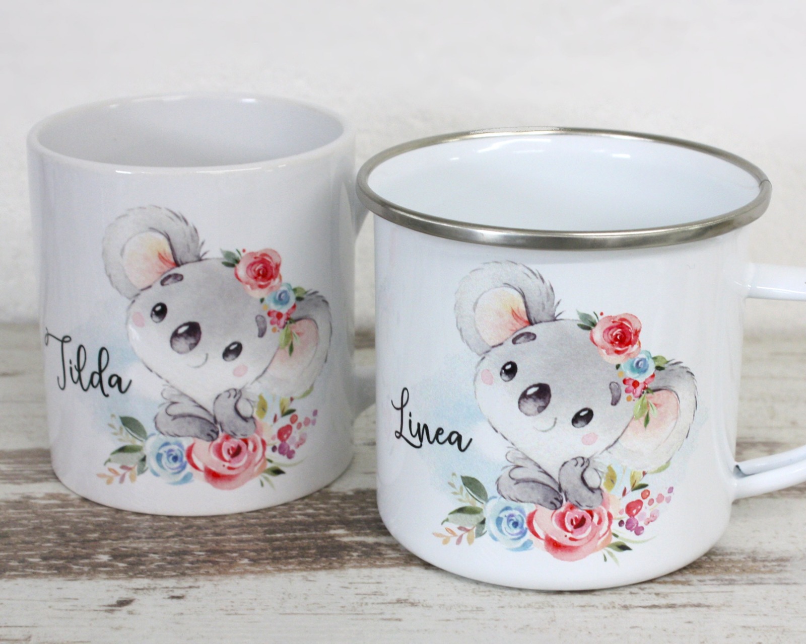 Tasse Kindertasse Emaille Kunststoff Keramik Becher personalisiert Aquarell Koala Blumen 2