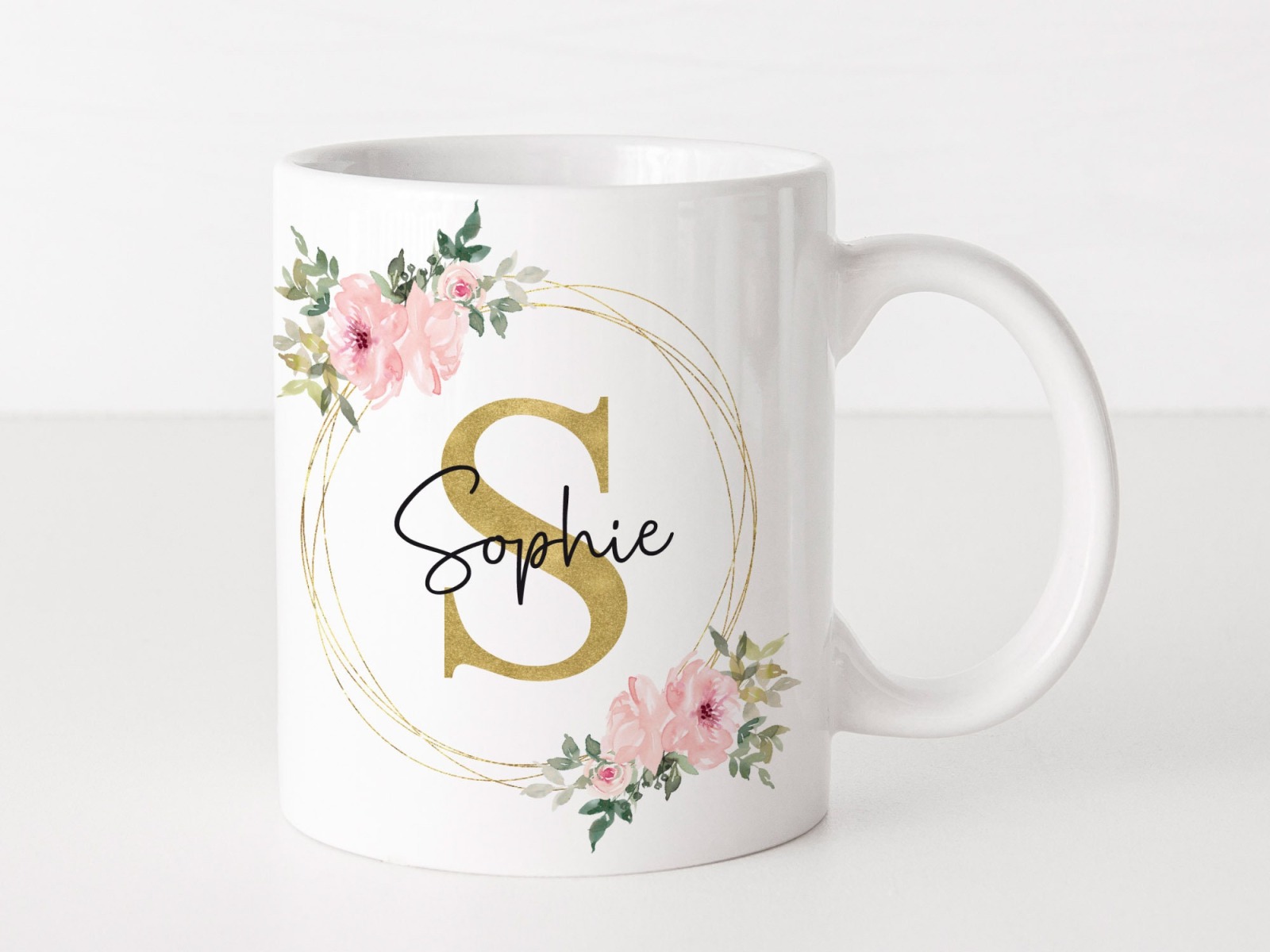 Tasse Emaille Kunststoff Keramik Becher personalisiert, Blumen gold rosa
