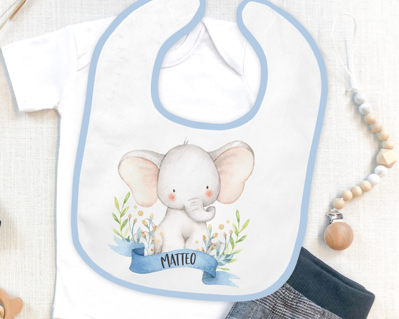 Lätzchen personalisiert mit Name, Babygeschenk zur Geburt, Elefant blau