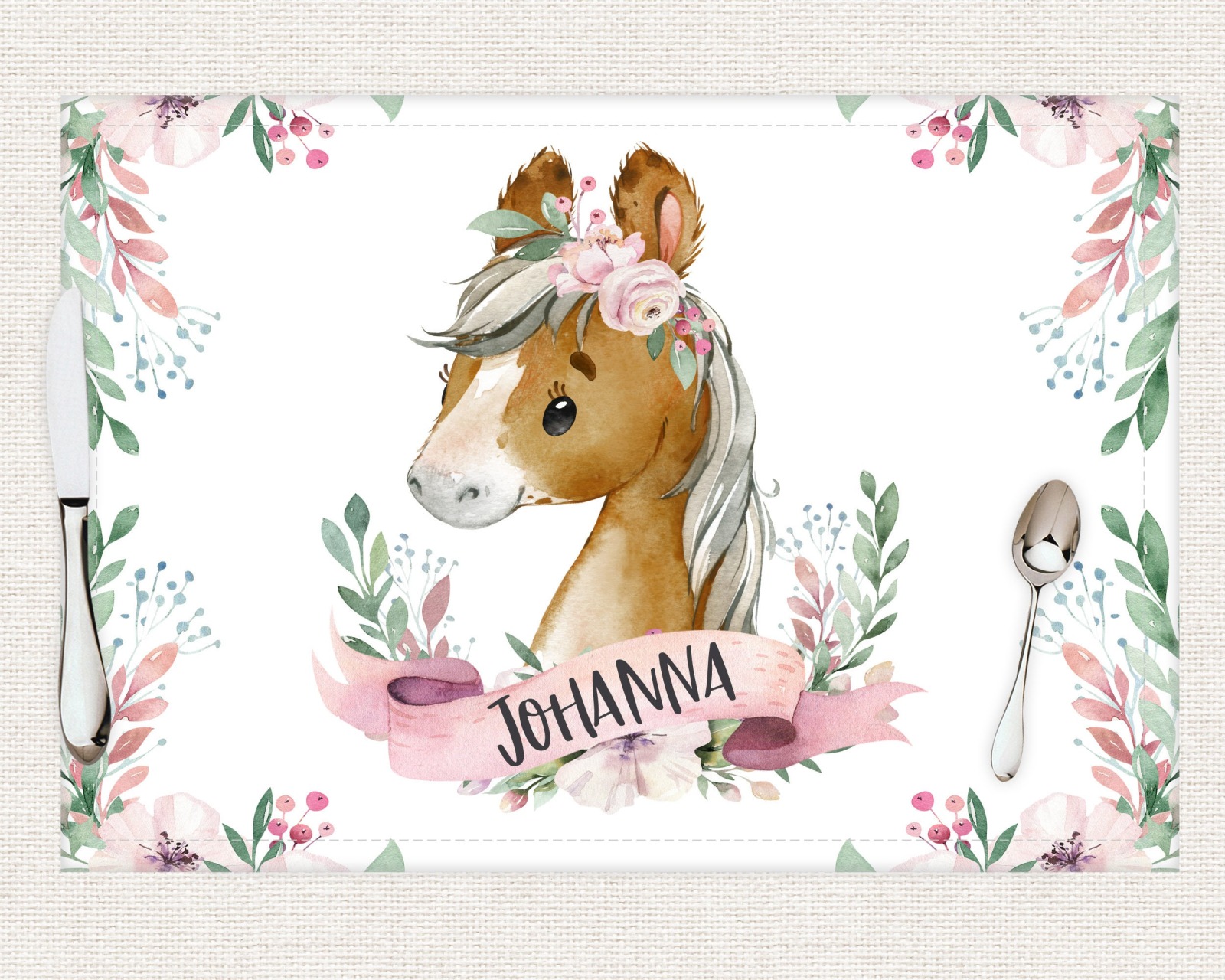 Tischset Platzset Textil mit Namen personalisiert Aquarell Pferd Pony Blumen