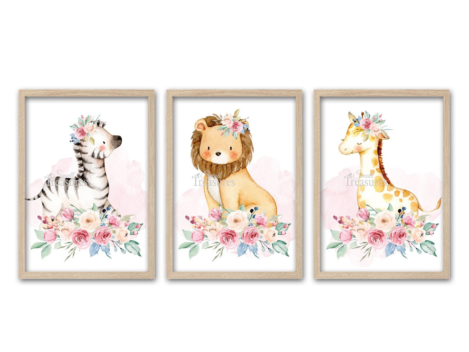 Kinderzimmer Bilder Print Kinderzimmerdeko 3er-Set Tiere Dschungel rosa Mädchenzimmer