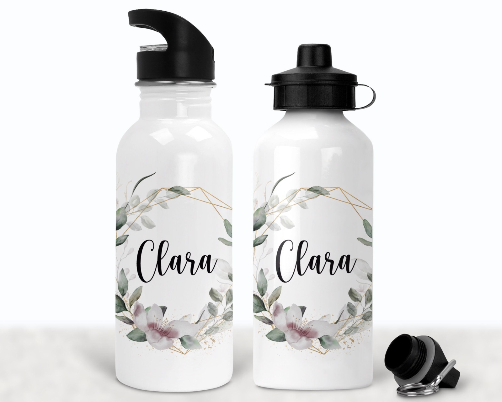 Flasche Trinkflasche personalisiert mit Name, Blumenkranz Blätterkranz