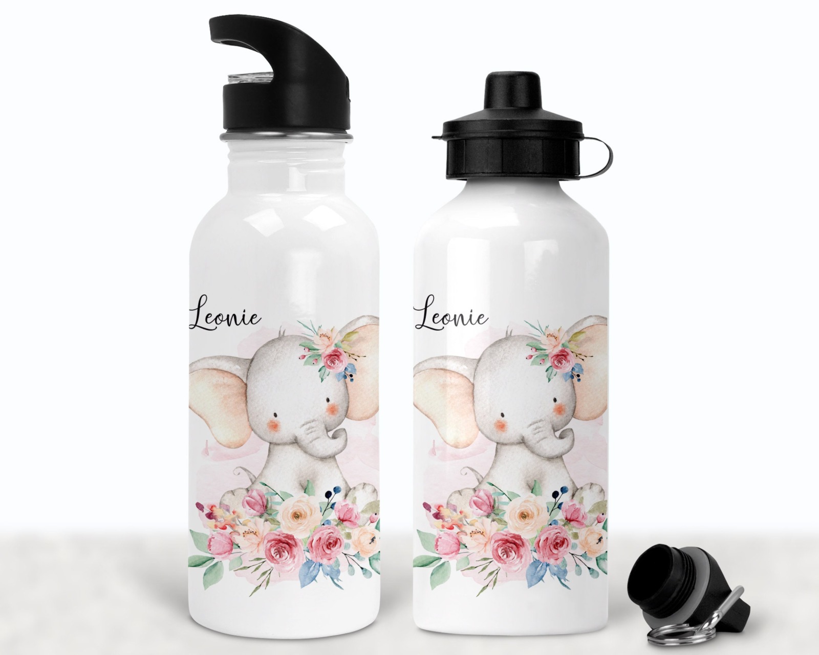 Flasche Trinkflasche personalisiert Aquarell Elefant Blumen