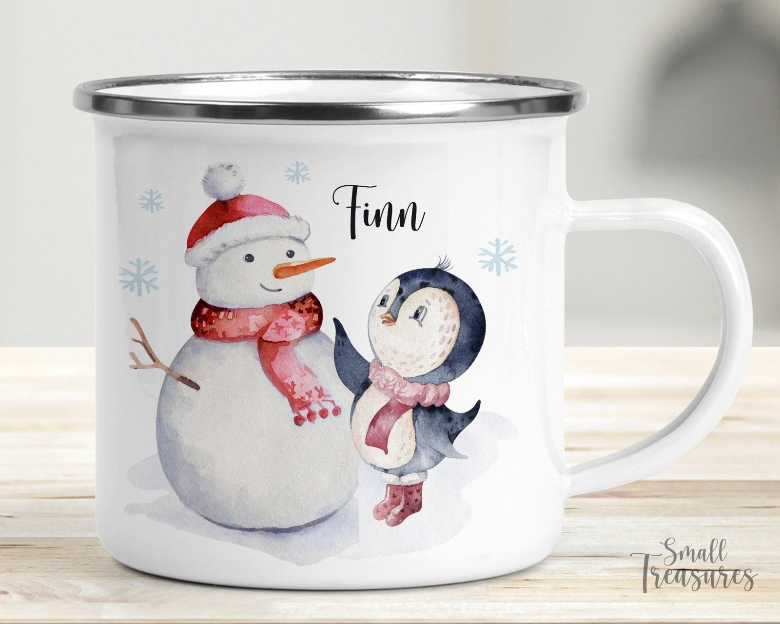 Tasse Weihnachtstasse Emaille Keramik Kunststoff personalisiert, Geschenkidee Schneemann Pinguin