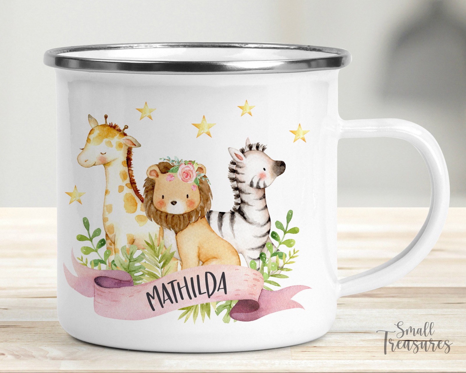 Tasse Kindertasse Emaille Kunststoff Keramik Becher personalisiert Aquarell Dschungel Safari Löwe