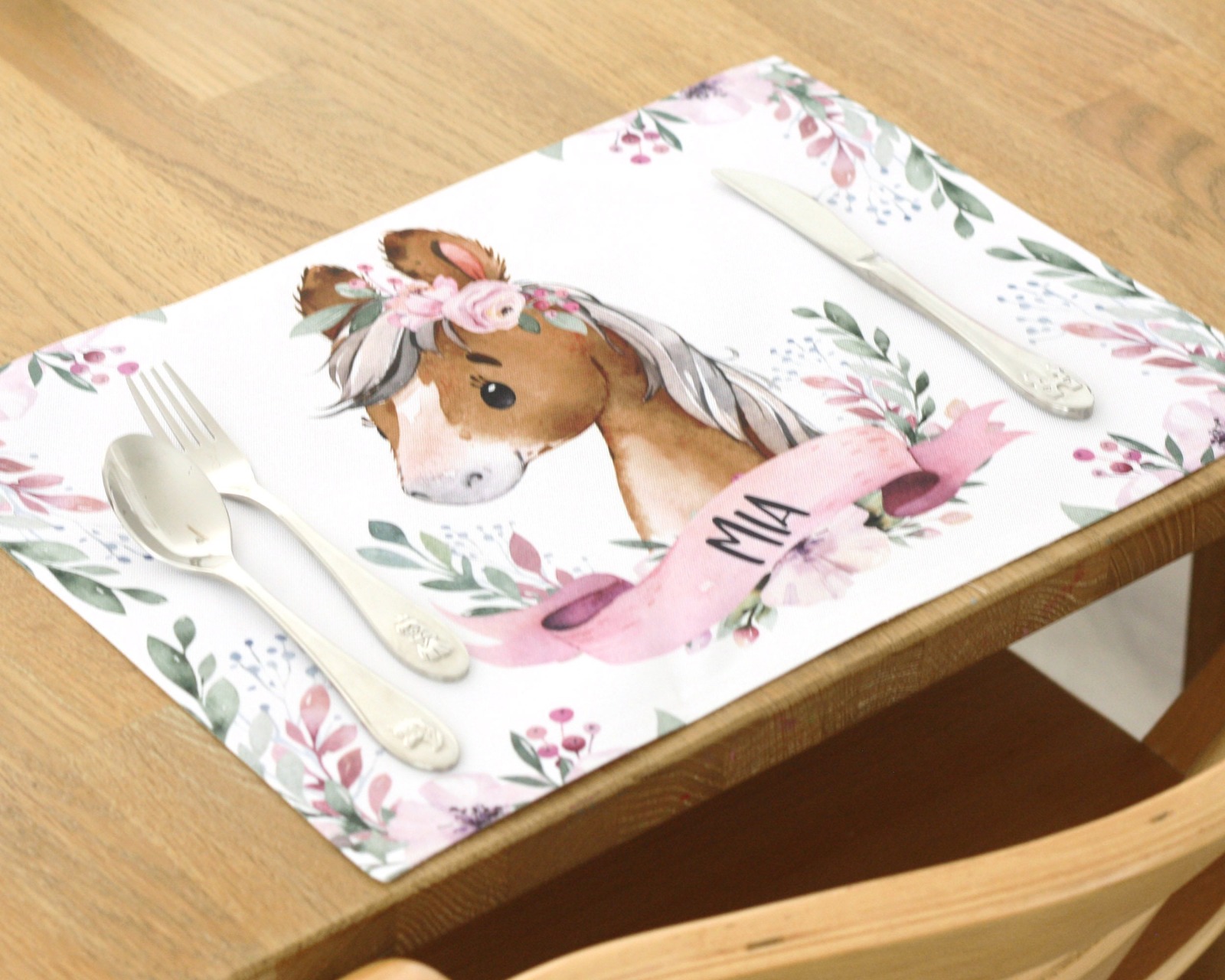 Tischset Platzset Textil mit Namen personalisiert Aquarell Pferd Pony Blumen 2