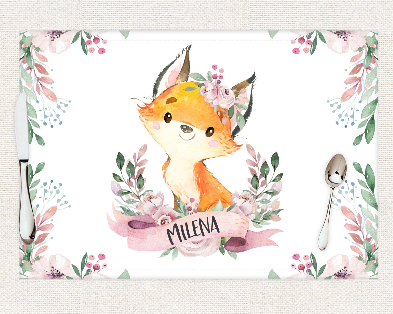Tischset Platzset Textil mit Namen personalisiert Aquarell Fuchs Blumen