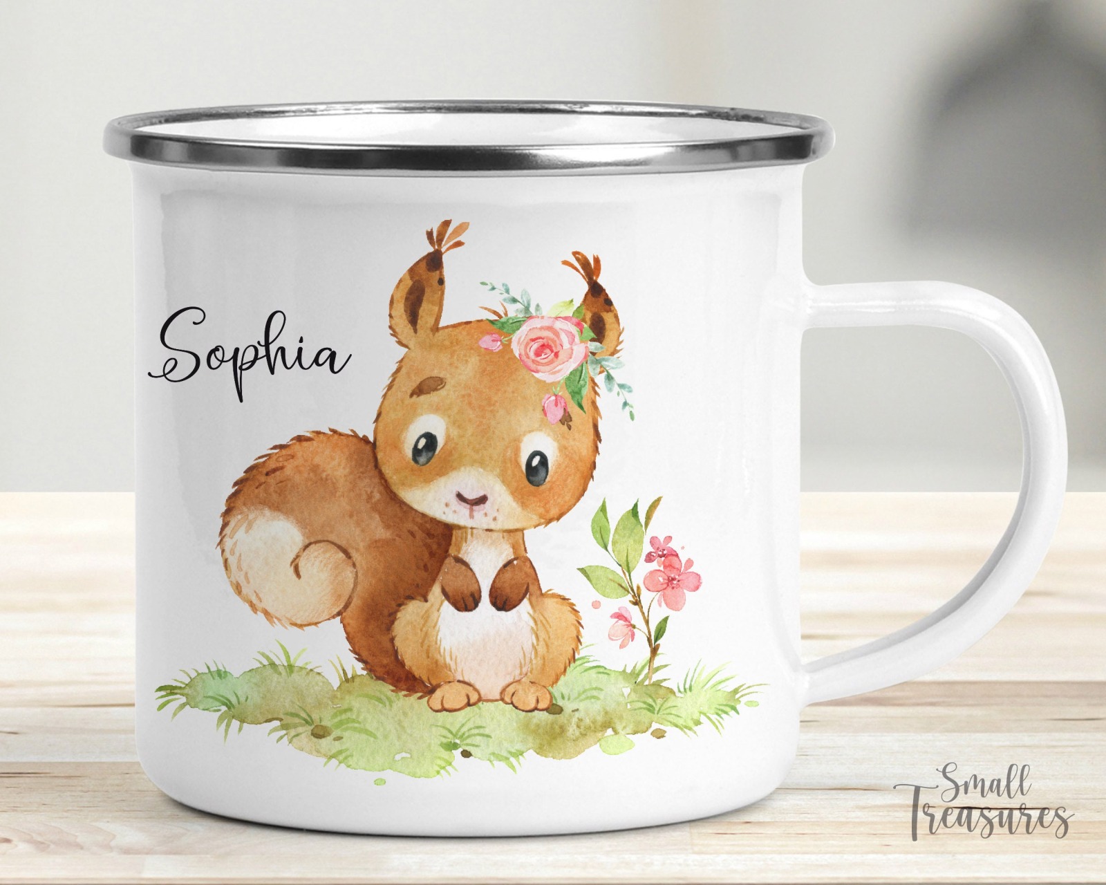 Tasse Kindertasse Emaille Kunststoff Keramik Becher personalisiert Eichhörnchen