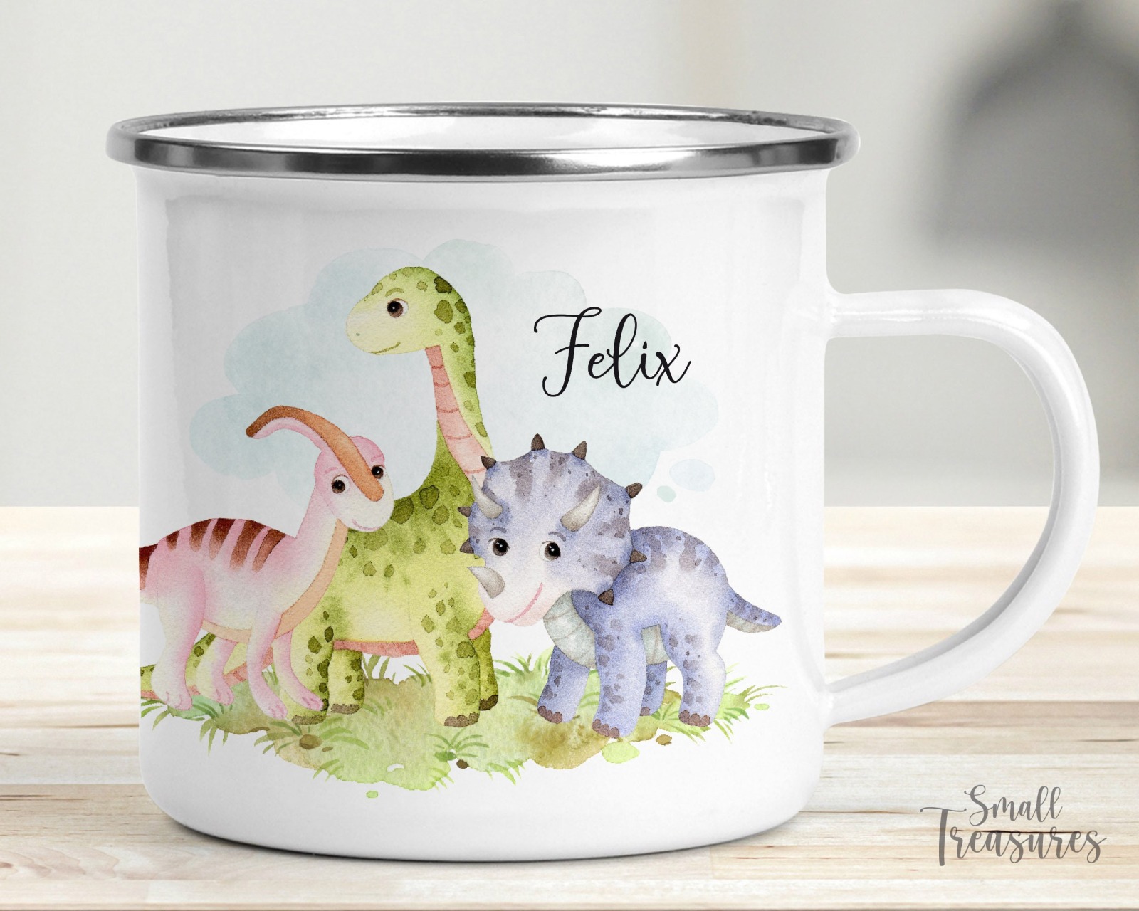 Tasse Kindertasse Emaille Kunststoff Keramik Becher personalisiert Dinosaurier