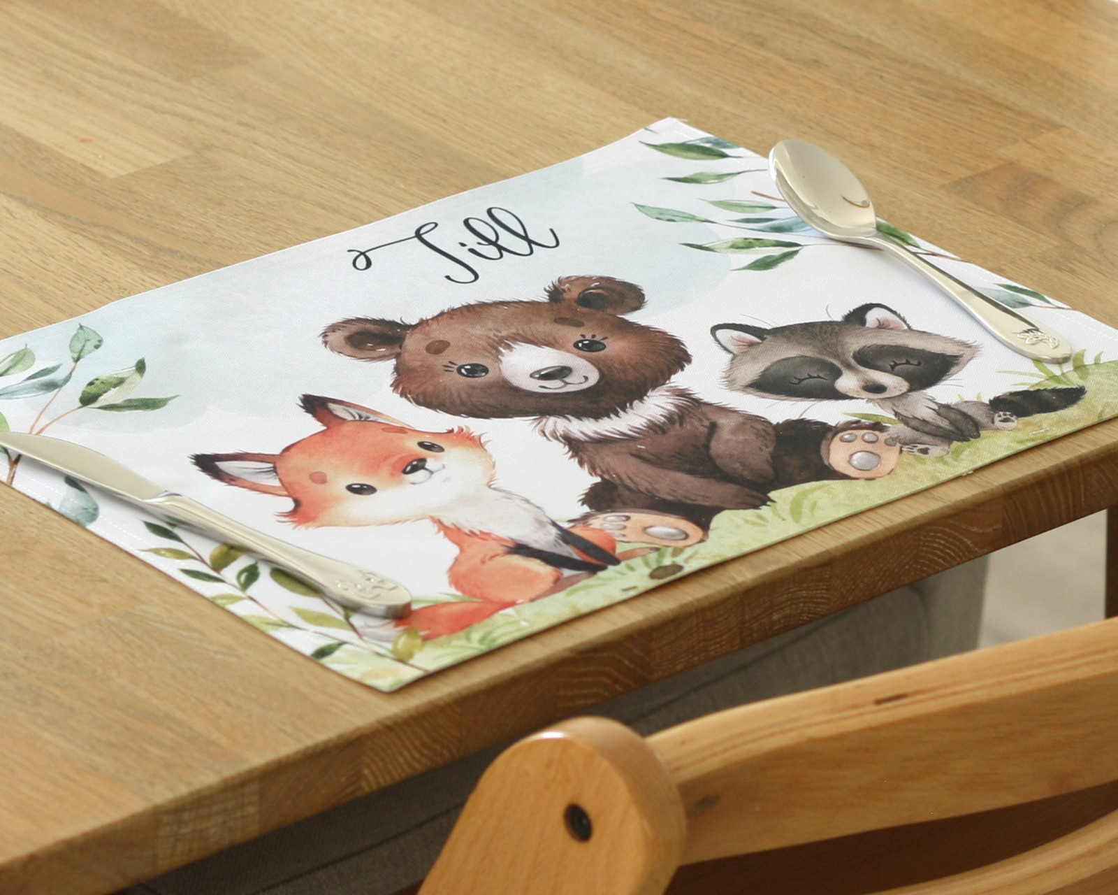 Tischset Platzset Textil mit Namen personalisiert Waldtiere Bär Fuchs 3