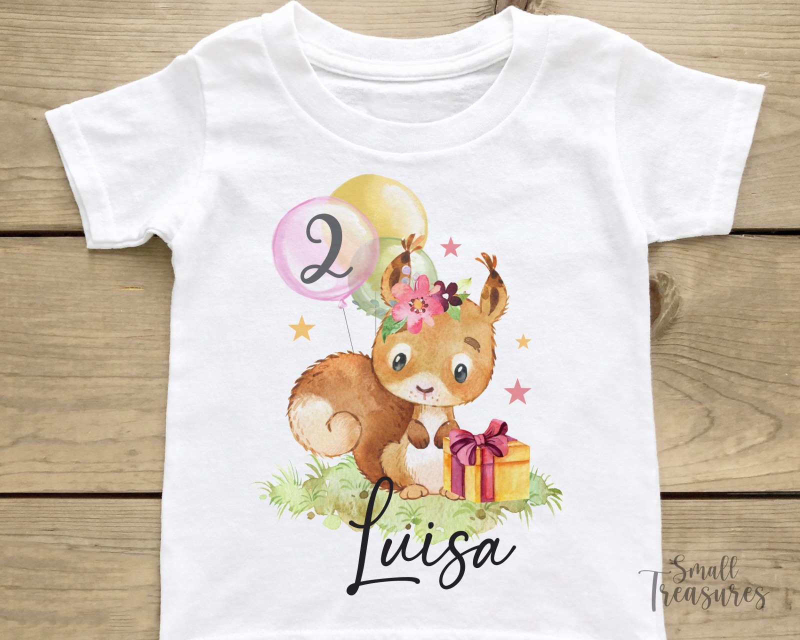 Geburtstagsshirt personalisiert, Geburtstag Mädchen Pferd Eichhörnchen T-Shirt TShirt