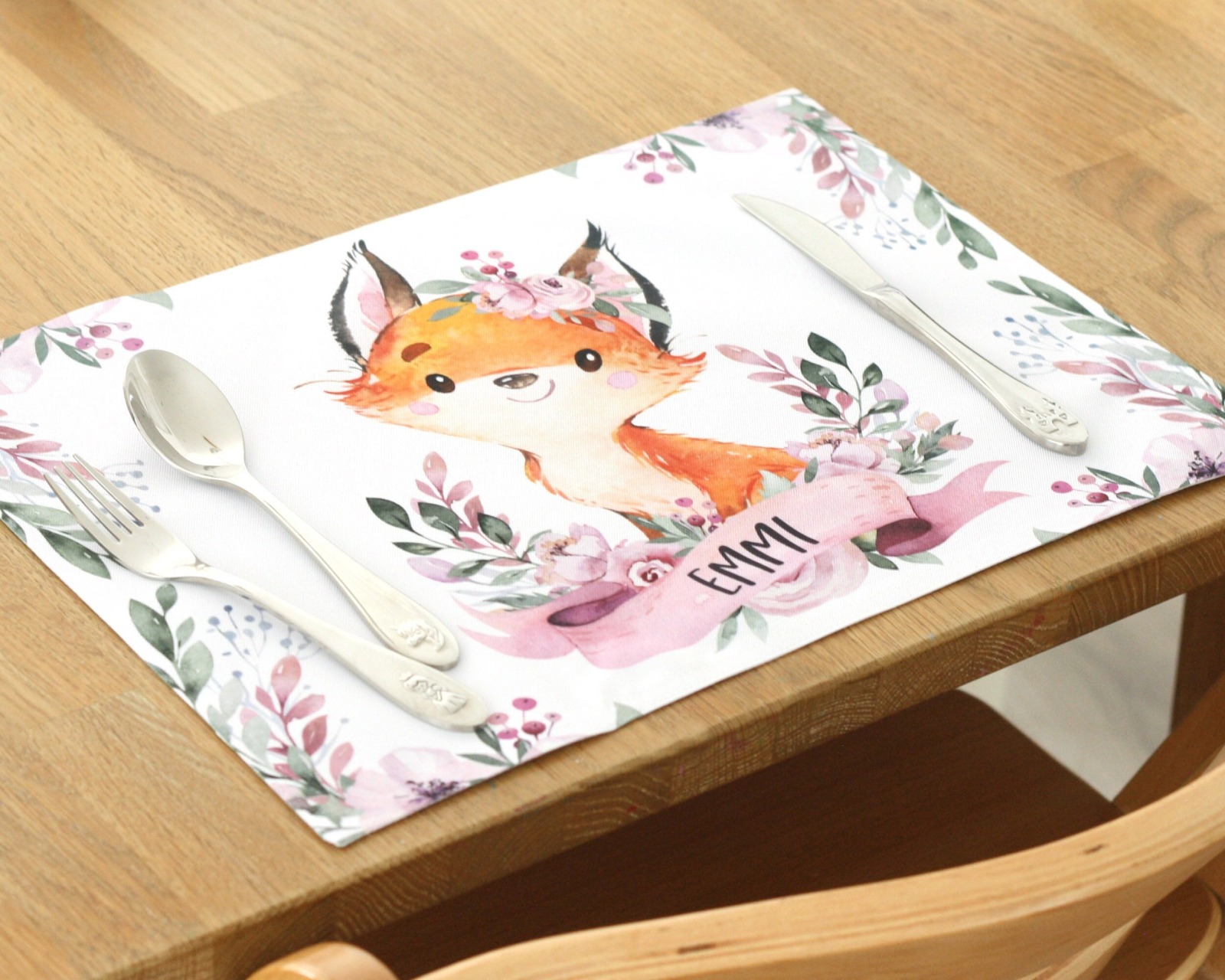 Tischset Platzset Textil mit Namen personalisiert Aquarell Fuchs Blumen 2