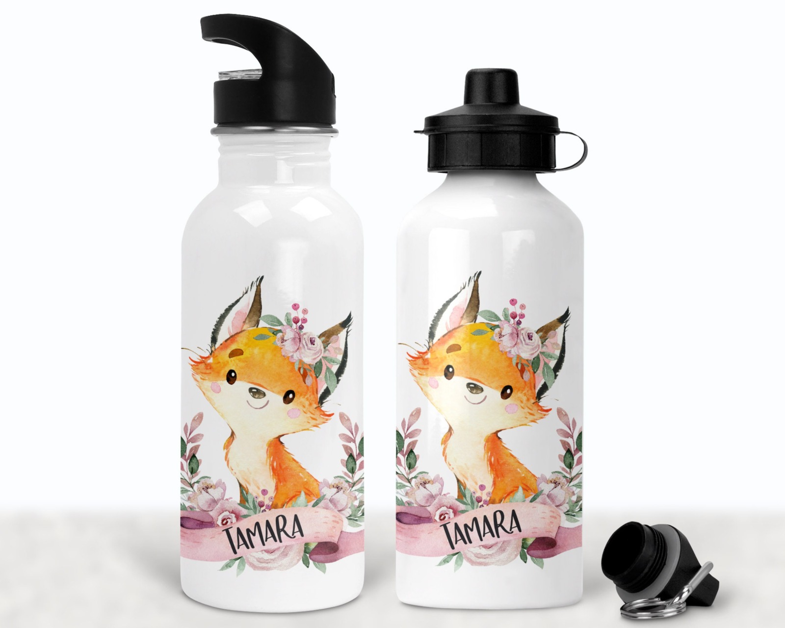 Flasche Trinkflasche personalisiert, Aquarell Fuchs rosa Blumen
